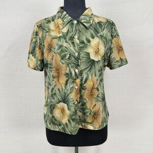 Selene M Vintage Textured Dot Green‎ Yellow Tropical Floral Hawaiian Button Up
